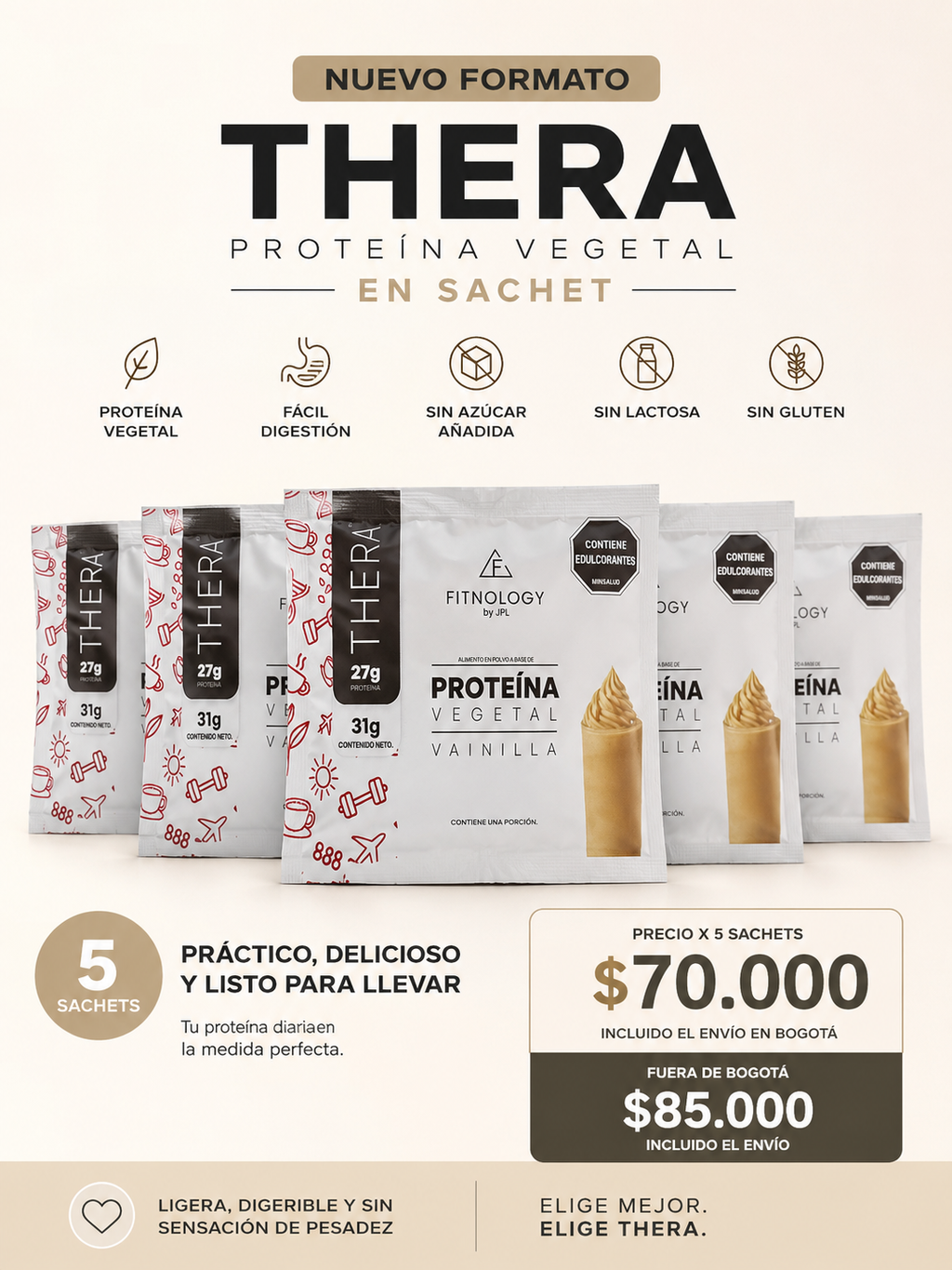 5 Sachet proteína vegetal THERA 31gr (envío fuera de Bogotá)