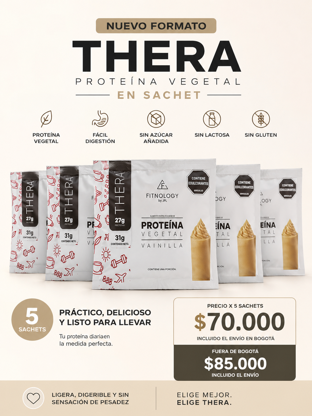 5 Sachet proteína vegetal THERA 31gr (envío en Bogotá)